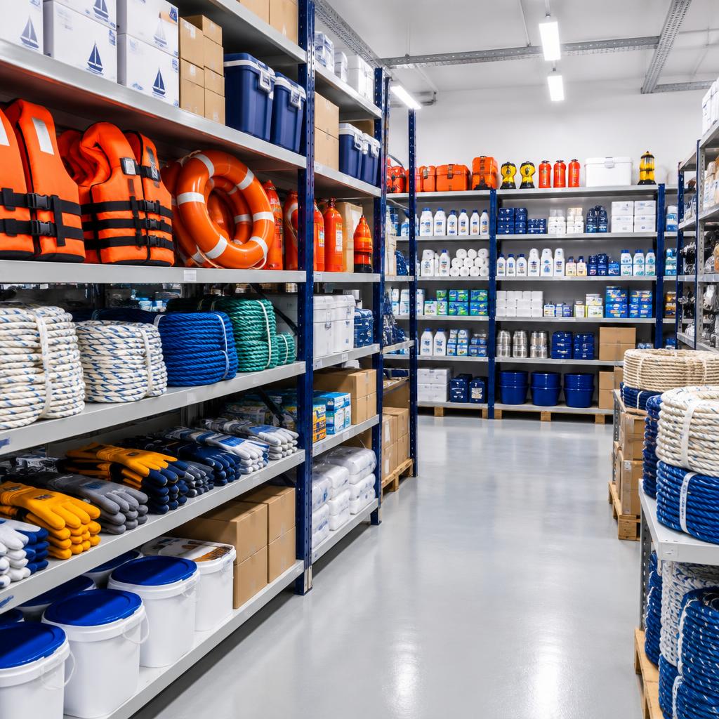 Chandlery storeroom with deck, cabin and safety stores neatly shelved