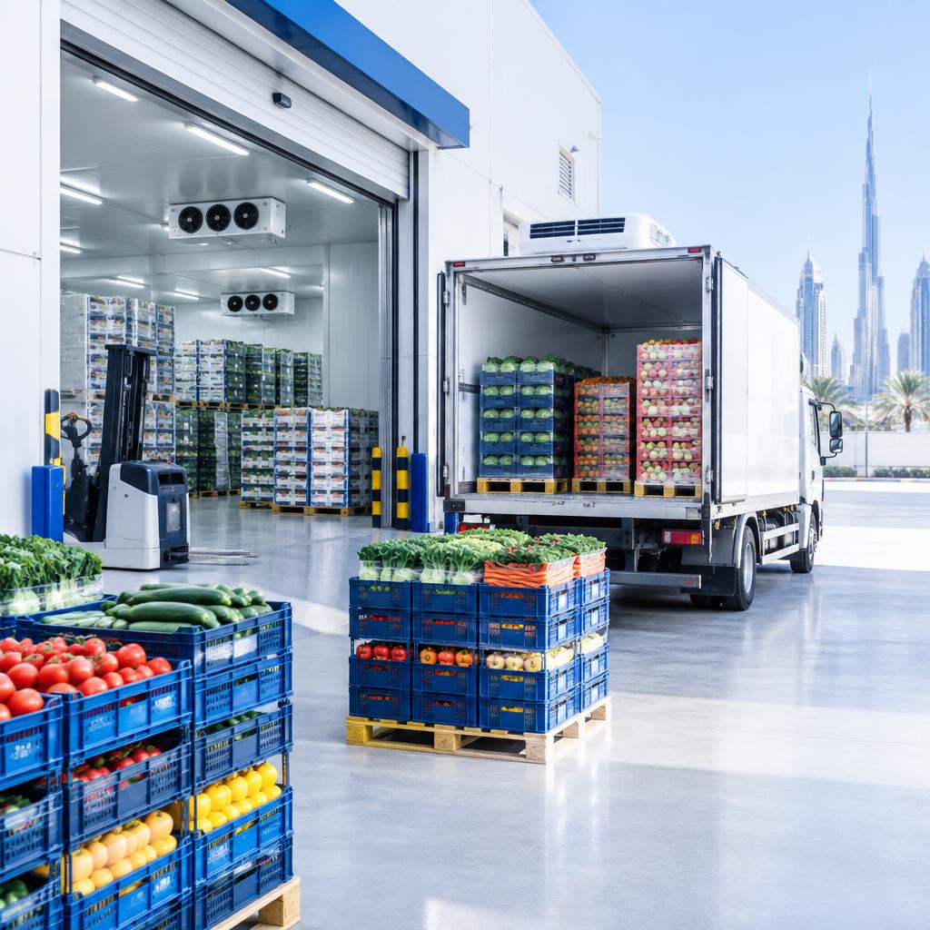 Crates of fresh produce being loaded into a refrigerated truck at a Dubai facility