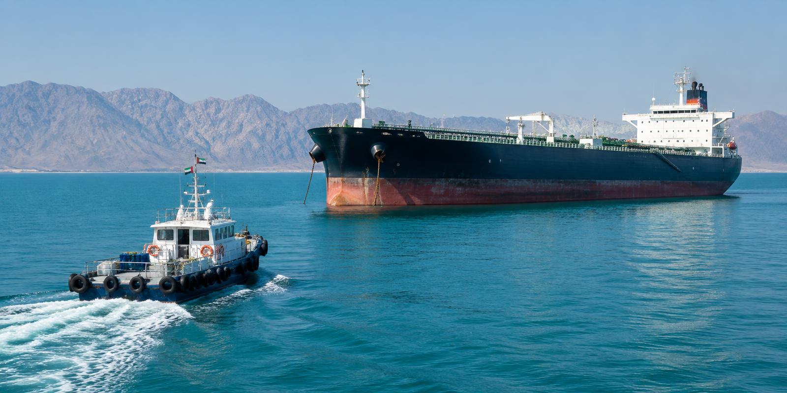 Supply launch approaching a tanker at anchor off the UAE east coast