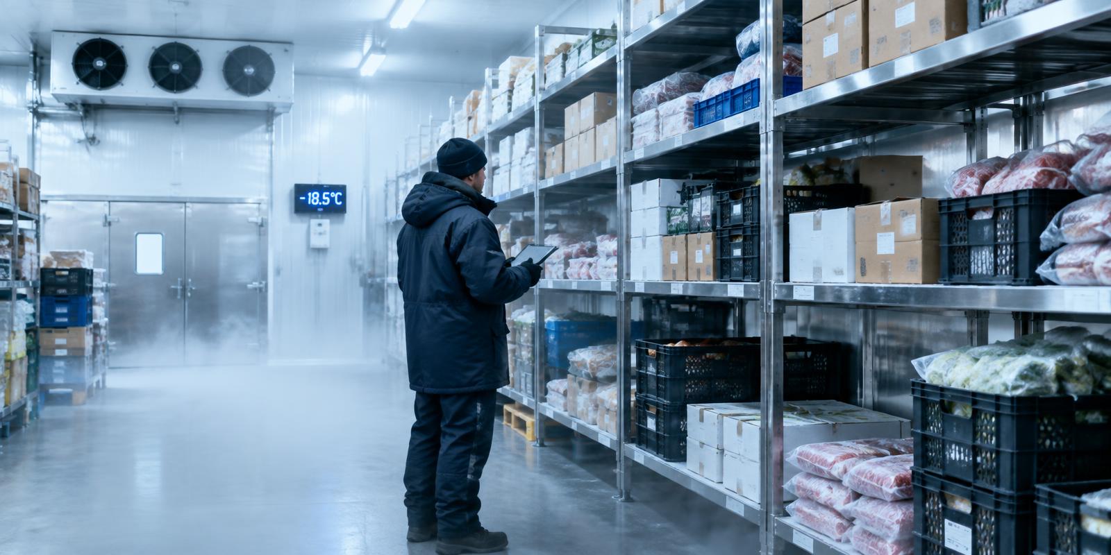 Cold-store interior with monitored refrigerated shelving