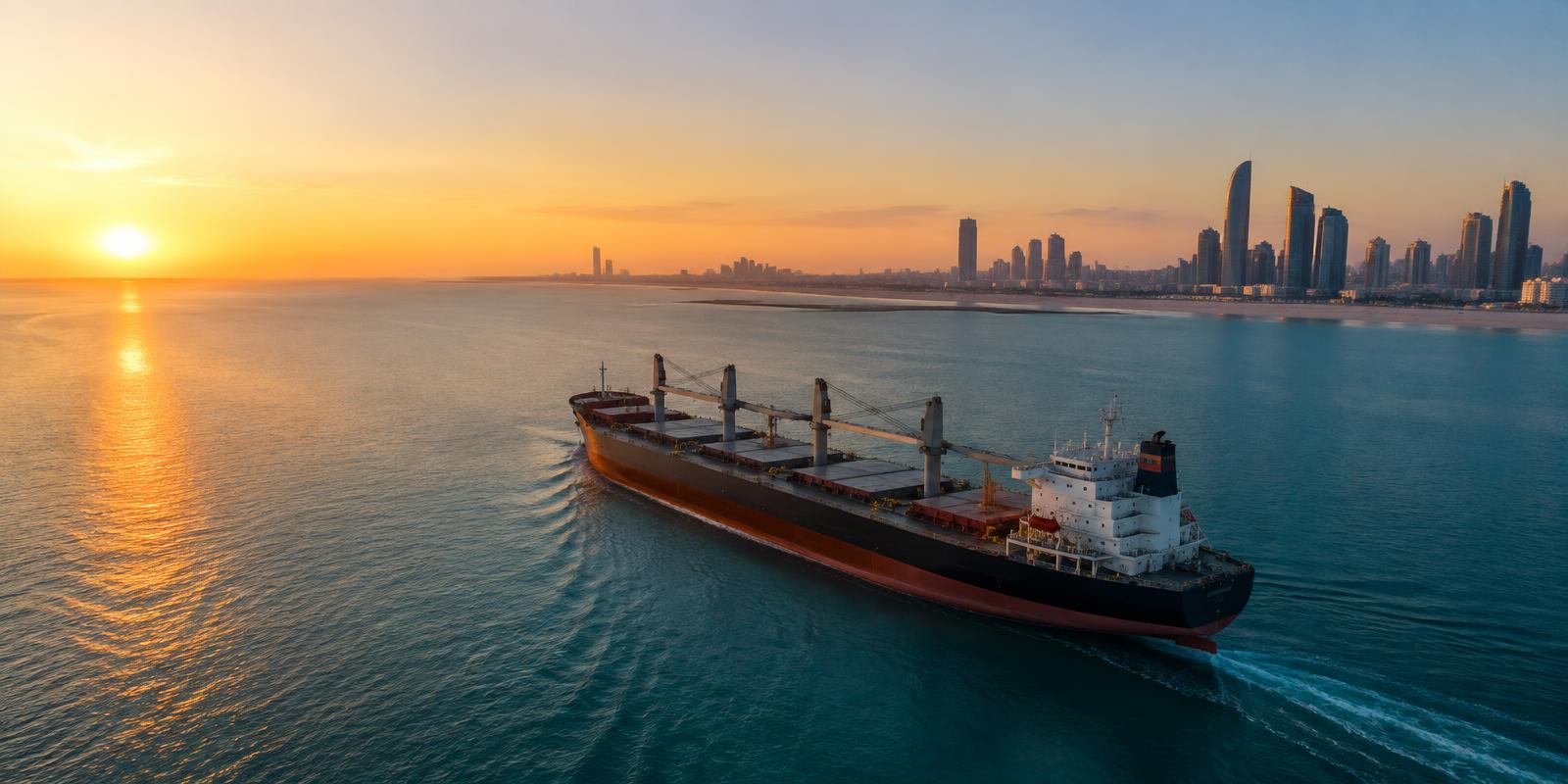 Cargo ship sailing along the UAE coast at sunrise