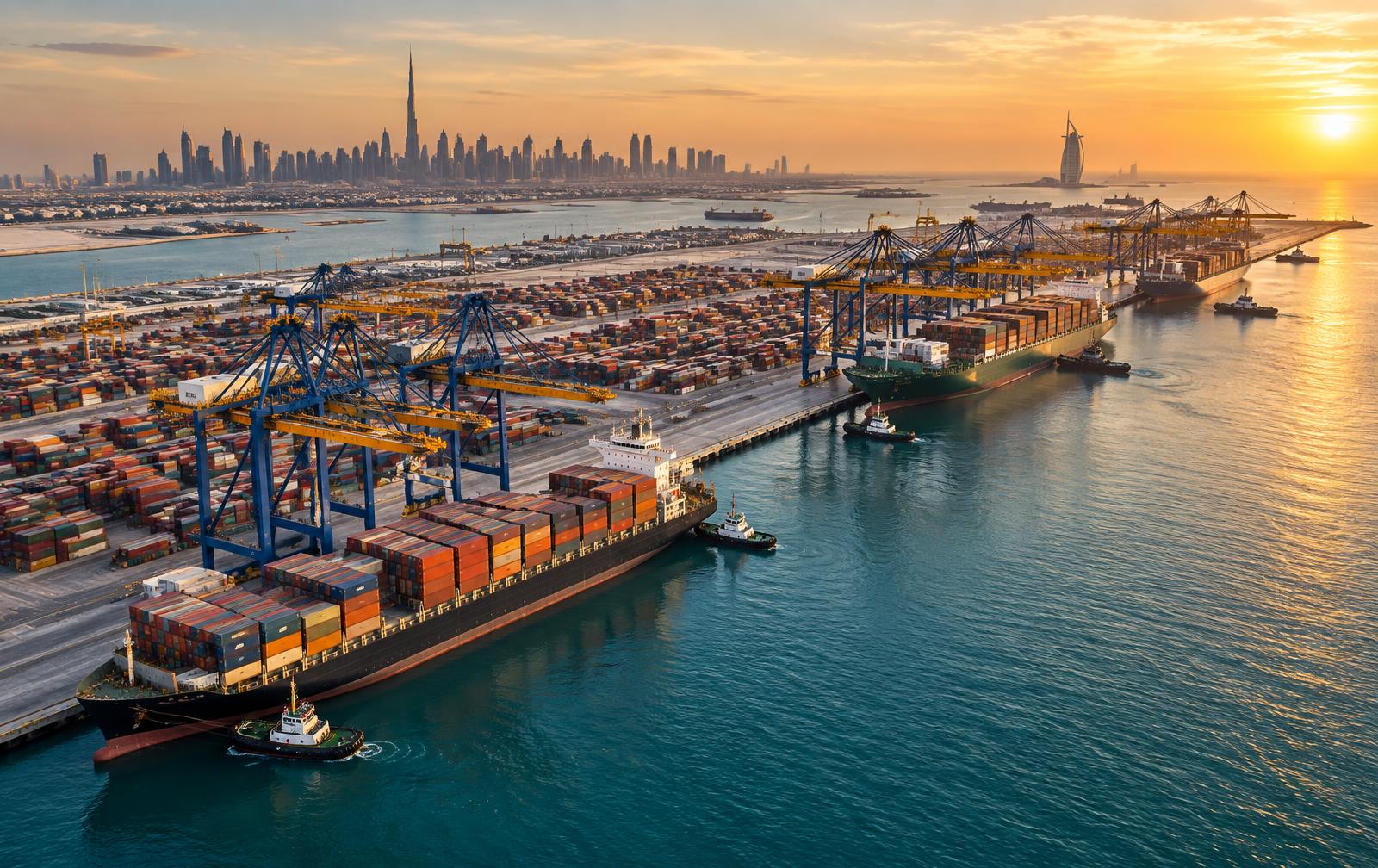 Container ships and gantry cranes at a UAE port at sunset