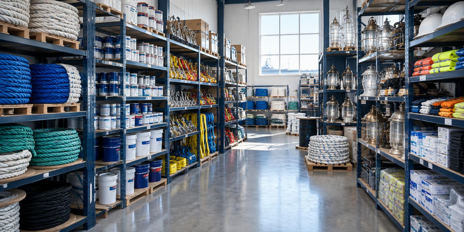 Ship chandlery warehouse with ropes, paints, lamps and safety gear on tall shelving
