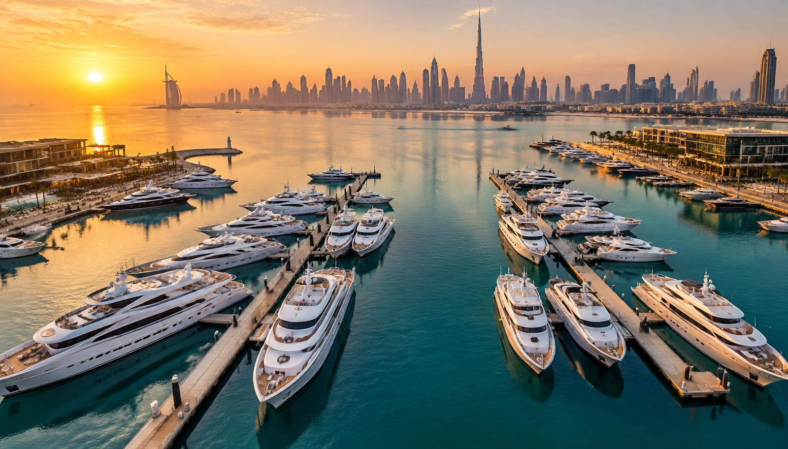 Superyachts moored along the pontoons of a Dubai marina at sunset