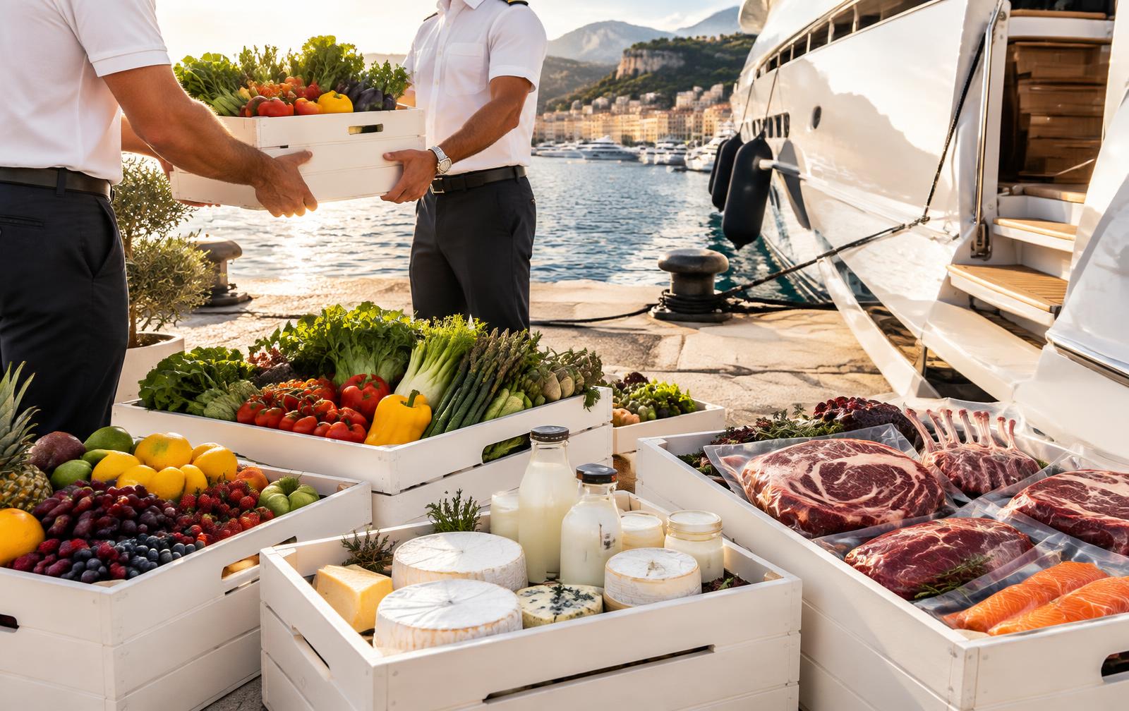 Chef-grade fresh produce, fine dairy and premium meat in crates at a yacht berth