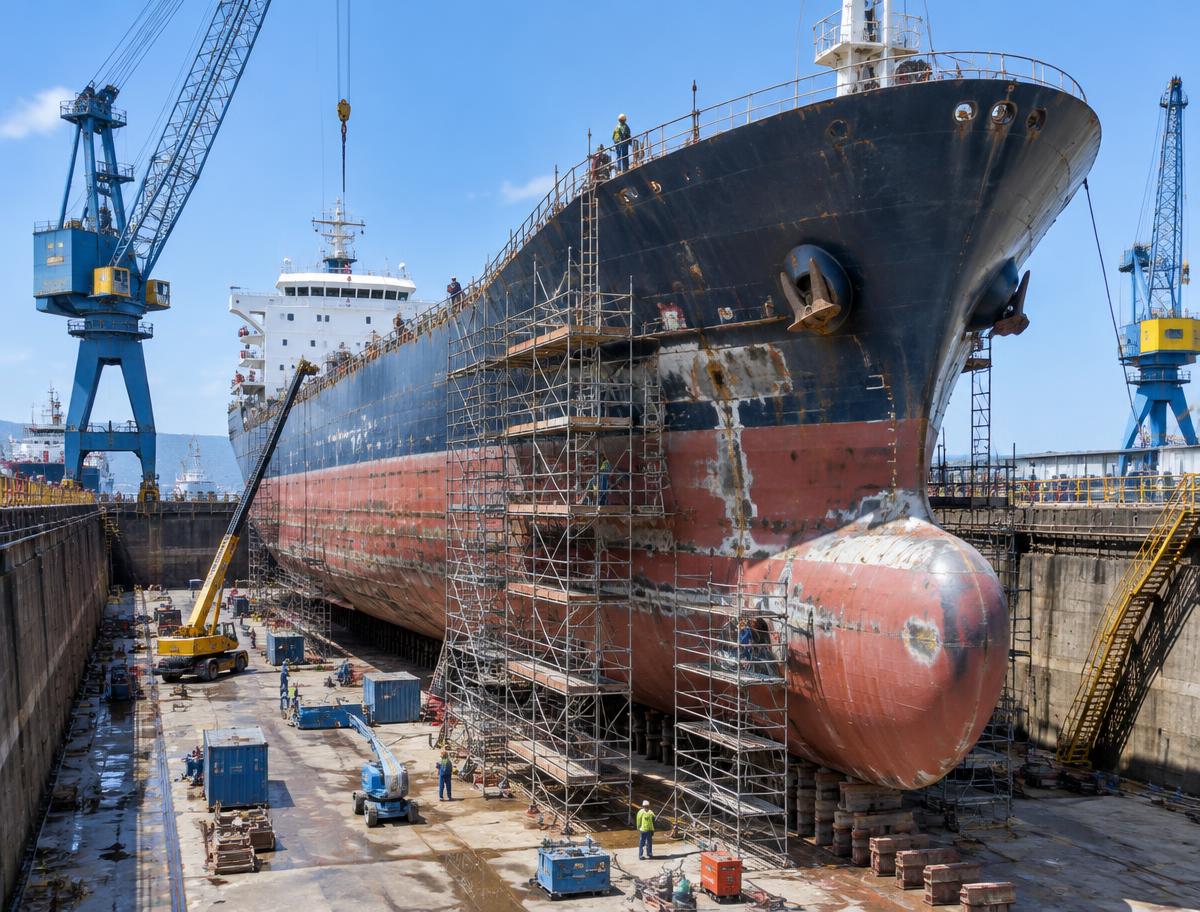 Large ship under repair in a dry dock surrounded by scaffolding and cranes