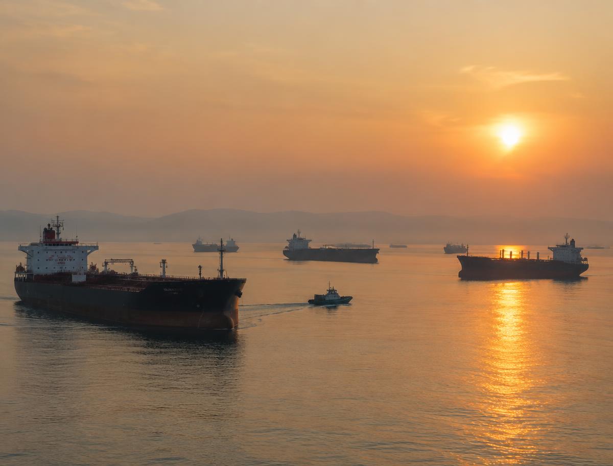 Ships at anchor off a Gulf coast at sunrise with a supply launch between them