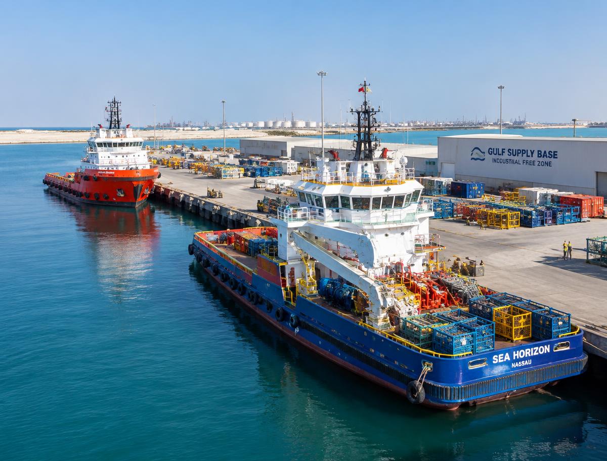 Offshore supply vessels moored at an industrial supply-base quay