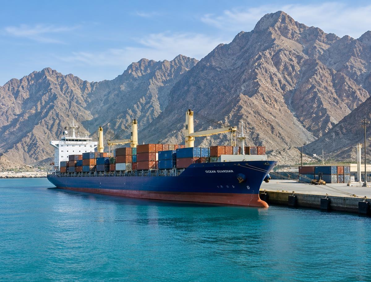 Container ship alongside a quay beneath rocky mountains on the Gulf of Oman coast