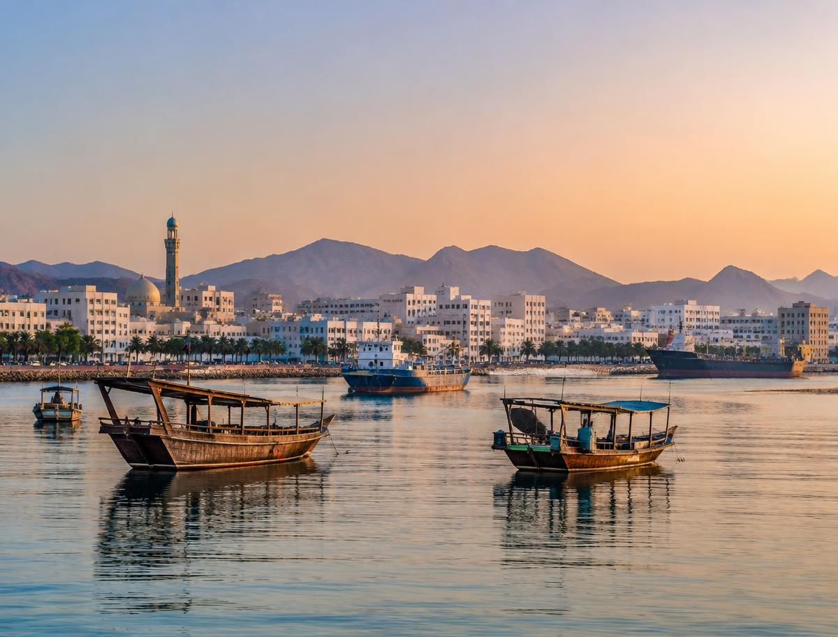 Calm coastal port with small cargo ships and dhows near a city corniche at dusk