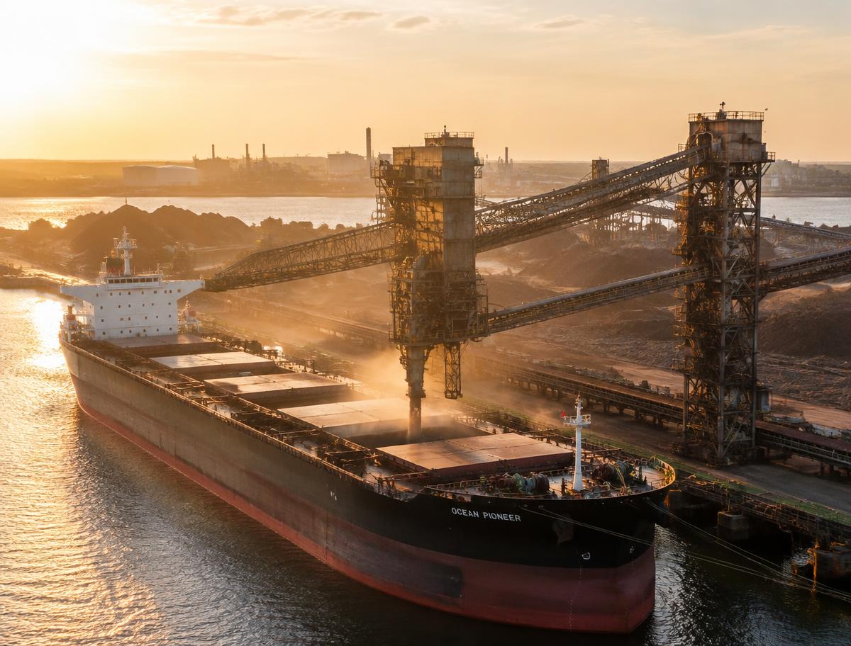 Bulk carrier loading at an industrial bulk terminal at sunset