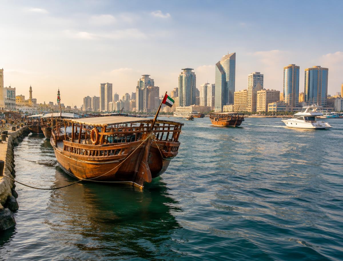 City waterfront port with traditional dhows and a modern skyline behind
