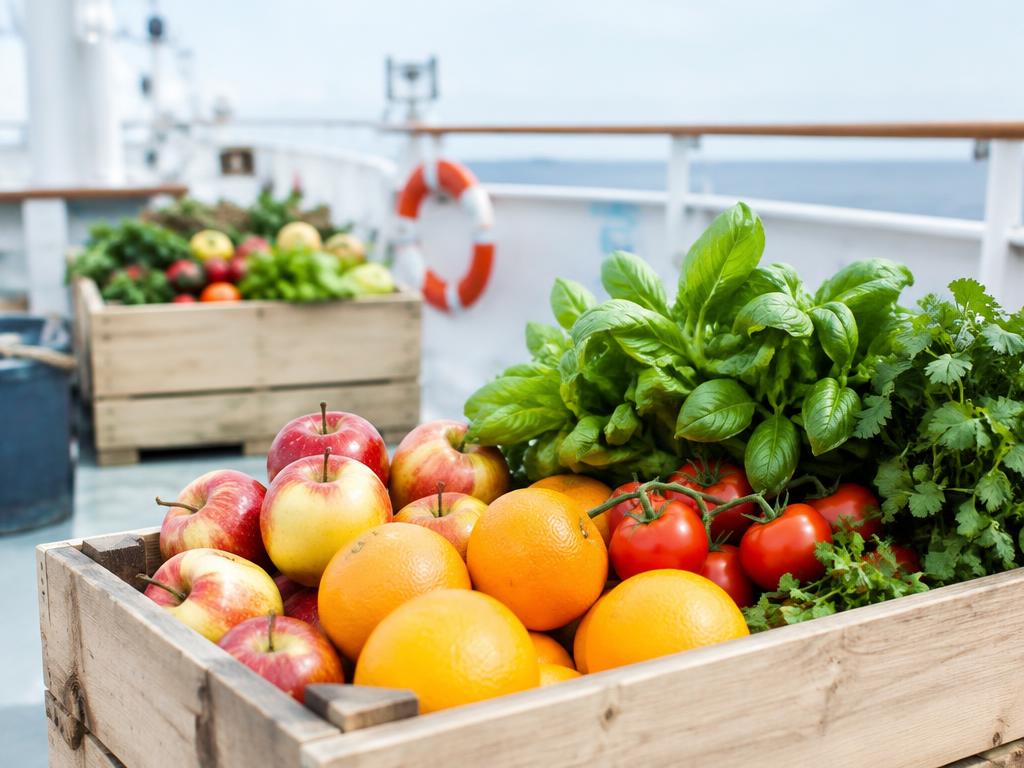 Crates of fresh fruit and vegetables for vessel provisioning