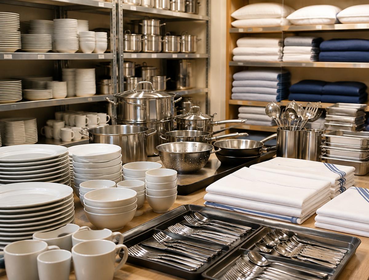 Crockery, stainless steel cookware, cutlery and folded linen for ship cabins and galleys