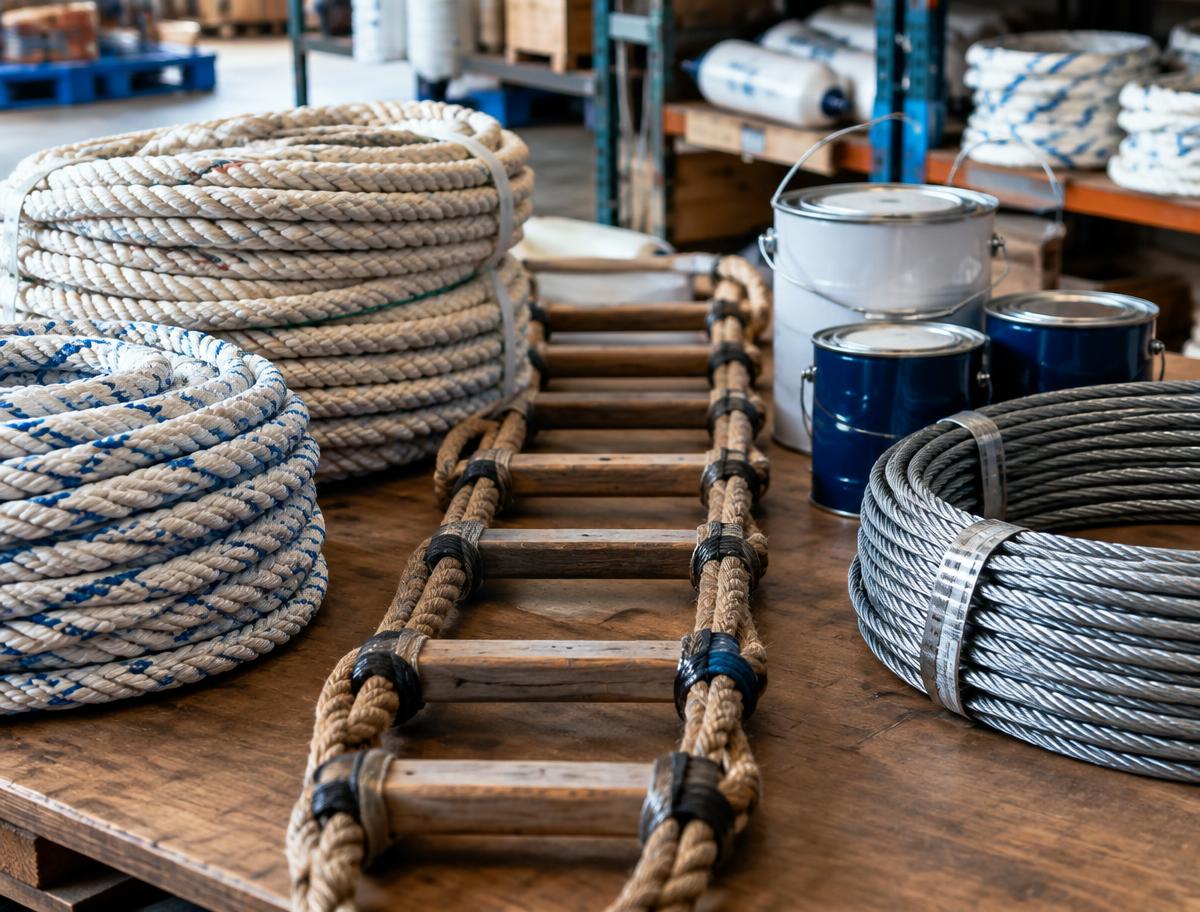 Coiled mooring ropes, a pilot ladder, paint tins and steel wire on a marine supply workbench