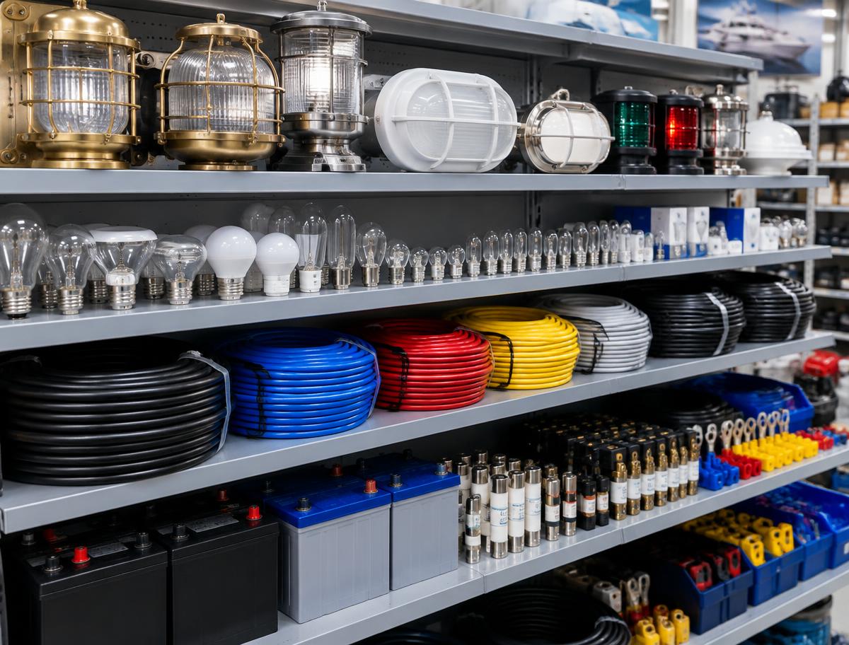 Shelves of marine lamps, light bulbs, cable coils, batteries and fuses