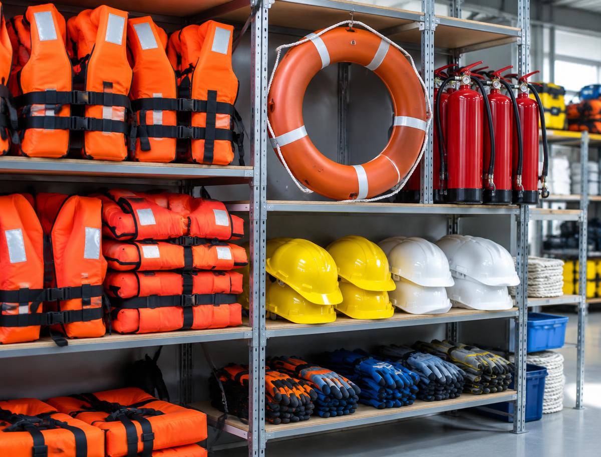 Orange lifejackets, a life ring, fire extinguishers, hard hats and work gloves on shelving