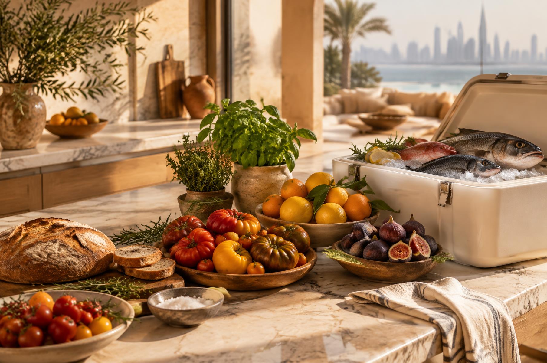 Fresh provisions arranged on a villa kitchen island